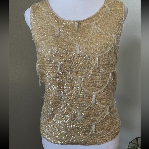 Vintage Tops - Vintage Sequin Fringe Top Large Cream Sparkle Flapper Costume Lined